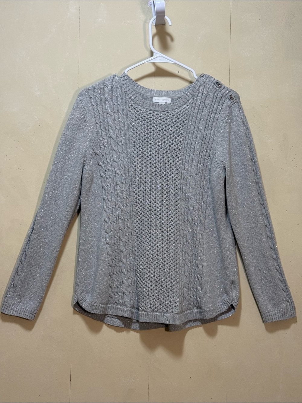 Charter Club Gray Sparkly Cable Knit Button Detail Crew Neck Sweater Women’s L